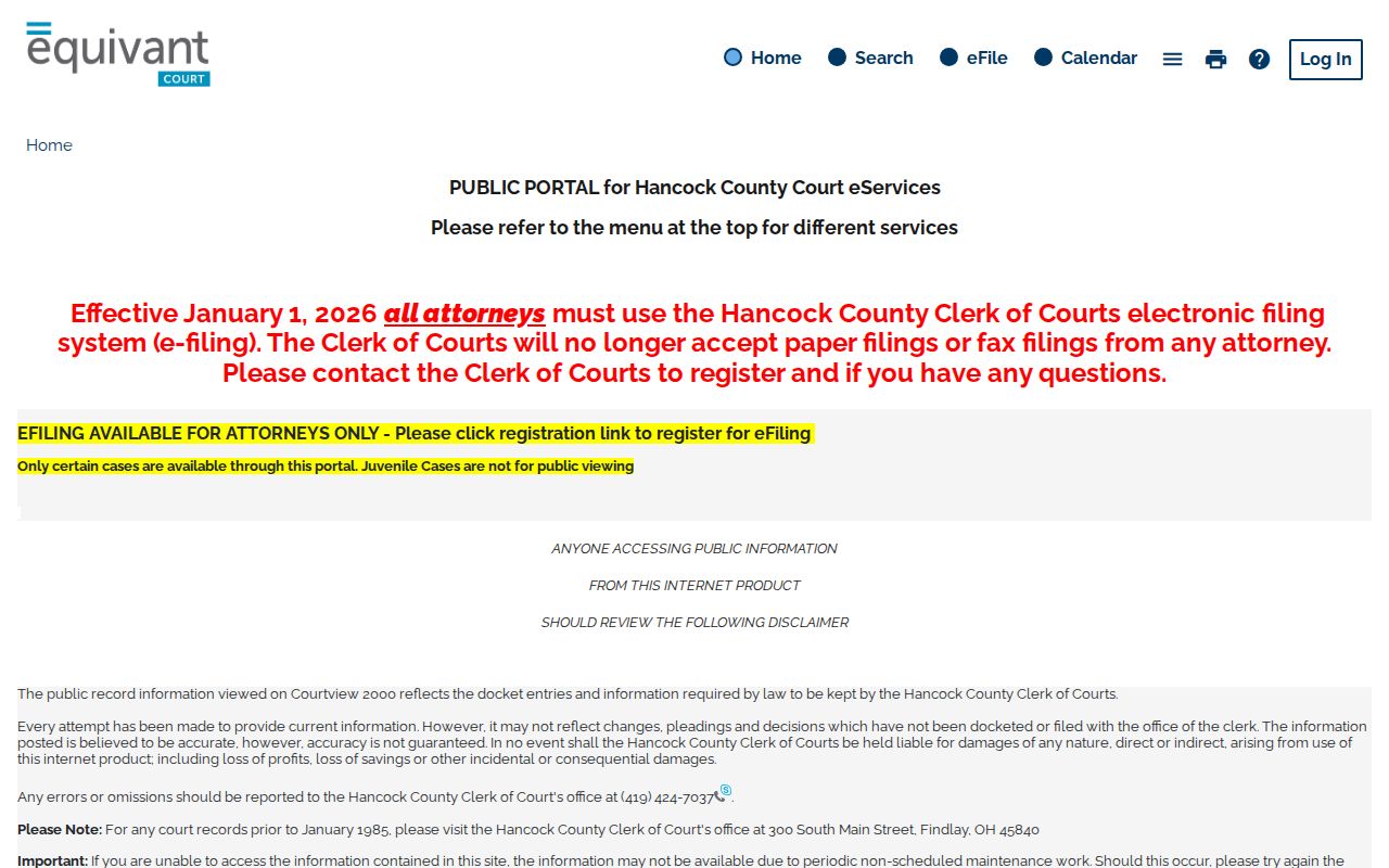 Hancock County Court eServices search page for Findlay court records