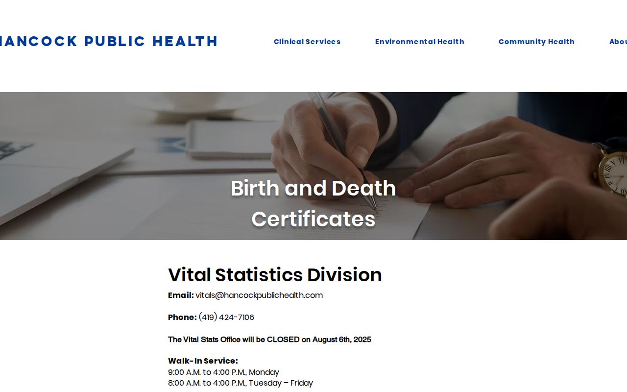 Hancock Public Health birth and death records page for Findlay requests