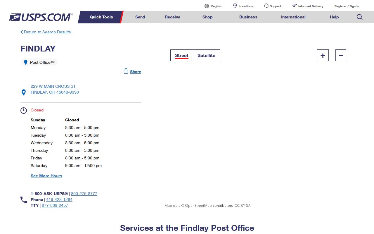 Findlay ZIP code directory reference to the Findlay Post Office listing